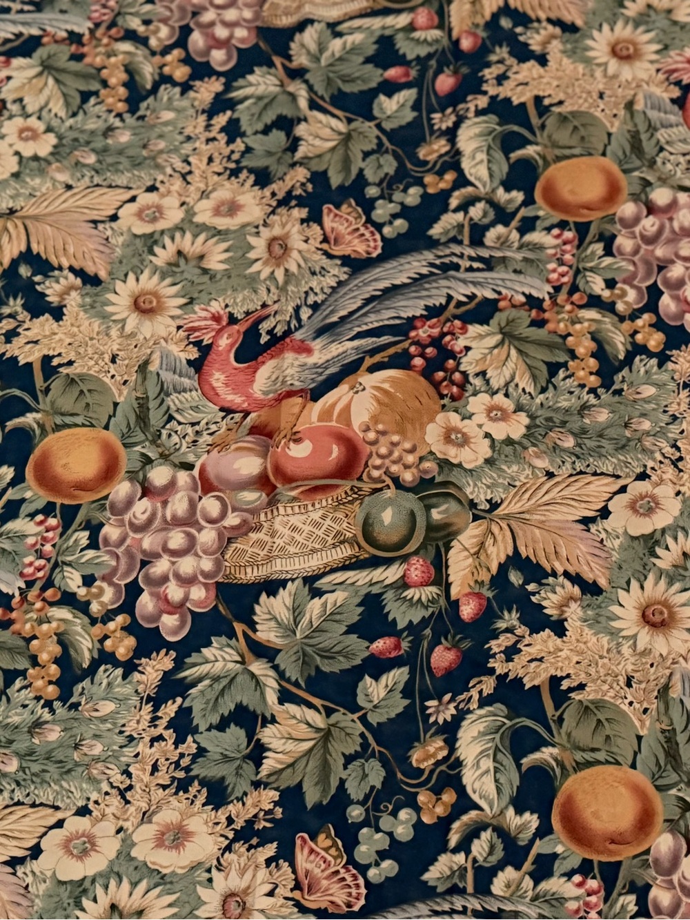Vintage Sharon Kessler Fabric Pheasants Floral & Fruit Baskets 90 x 54